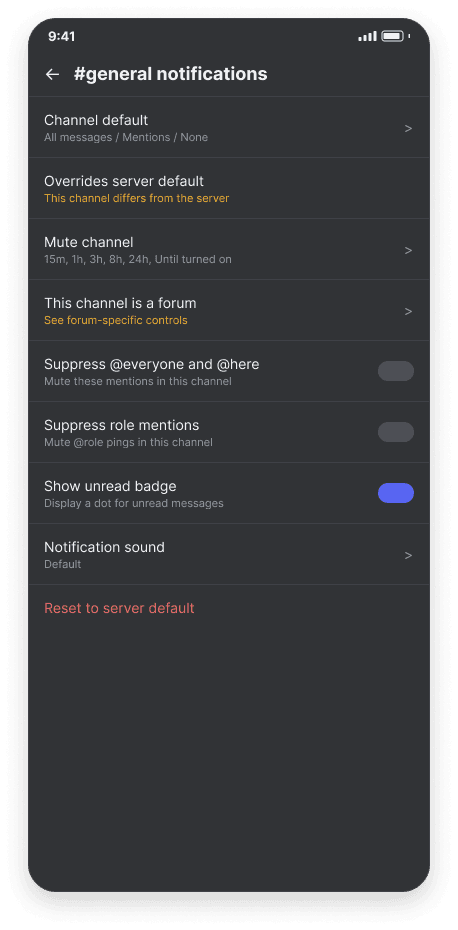 Channel notifications refined wireframe, dark mode