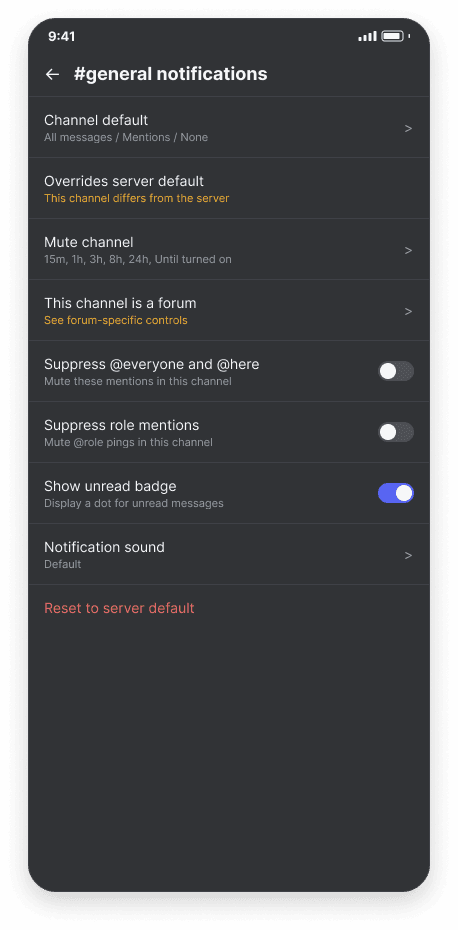 Channel notifications screen, dark mode