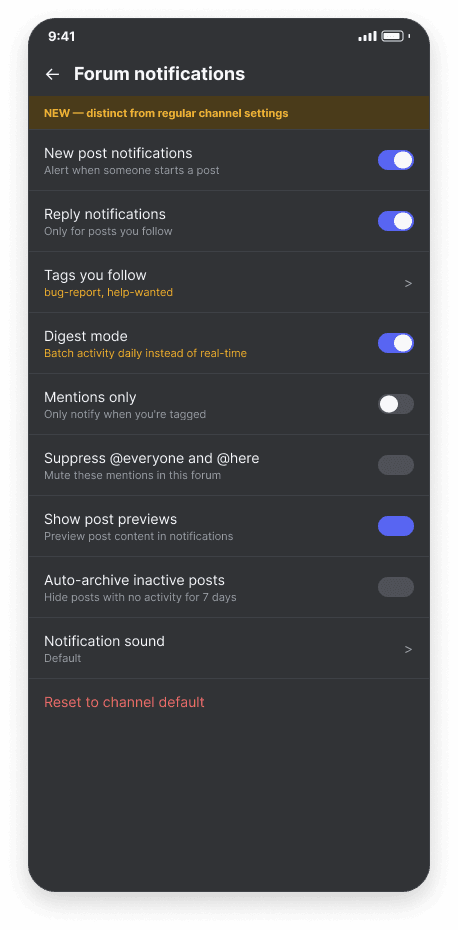 Final forum notification settings screen, dark mode