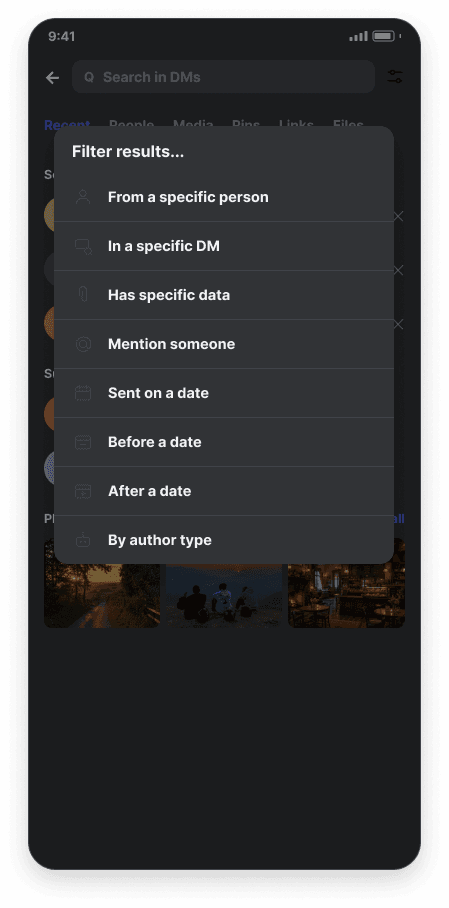 Final search filter screen, dark mode