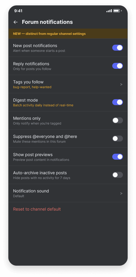 Discord forum notification settings screen, dark mode