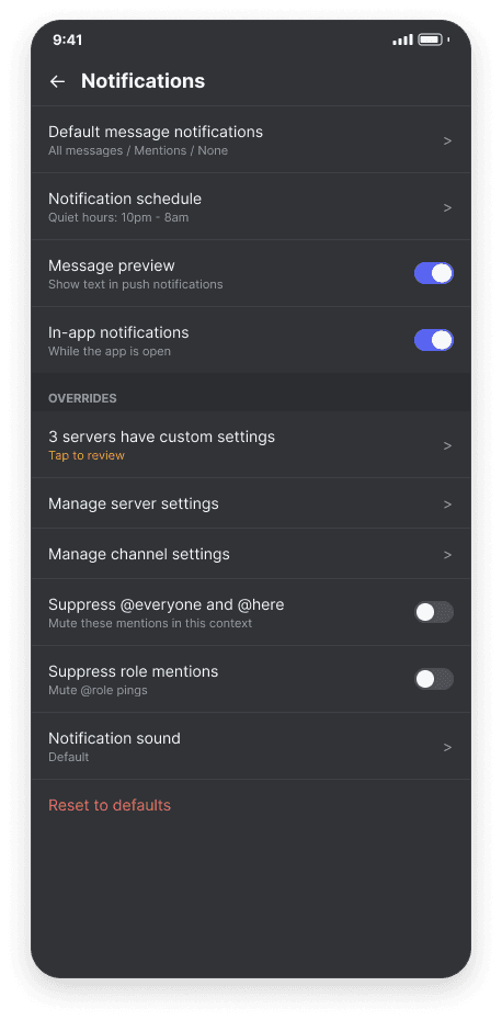 Global notifications screen, dark mode
