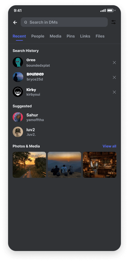 Search Recent screen, dark mode