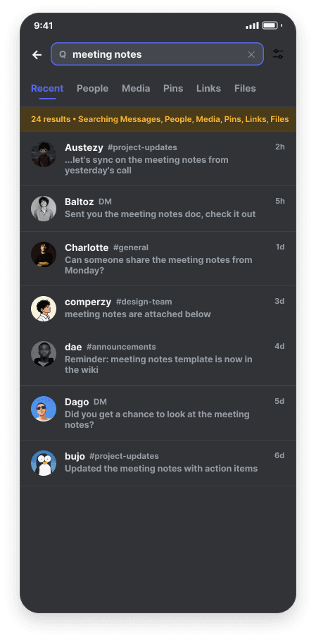 Search Results screen, dark mode