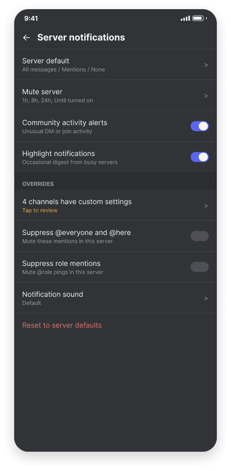Server notifications refined wireframe, dark mode