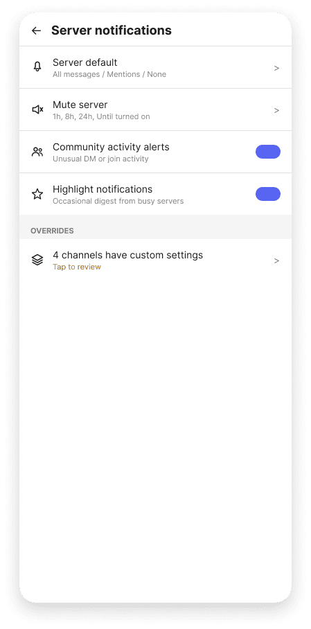 Server notifications refined wireframe, light mode