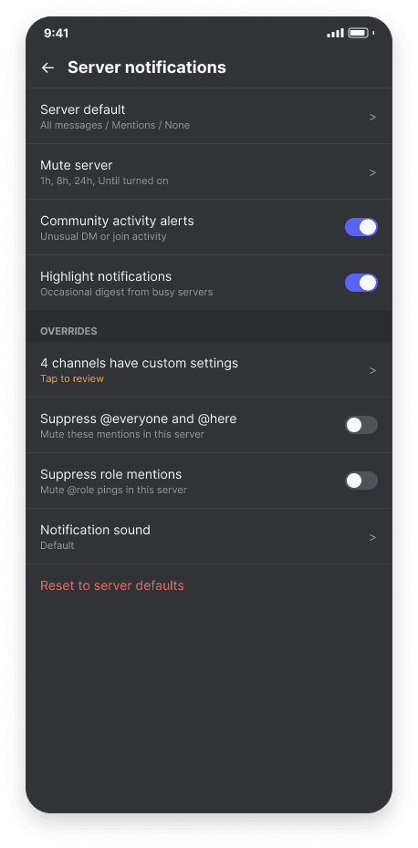 Server notifications screen, dark mode