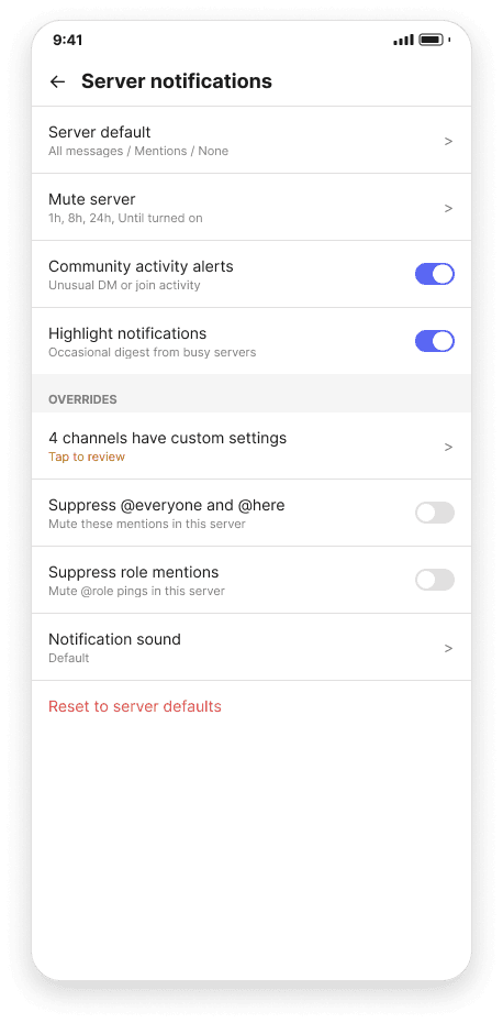 Server notifications screen, light mode