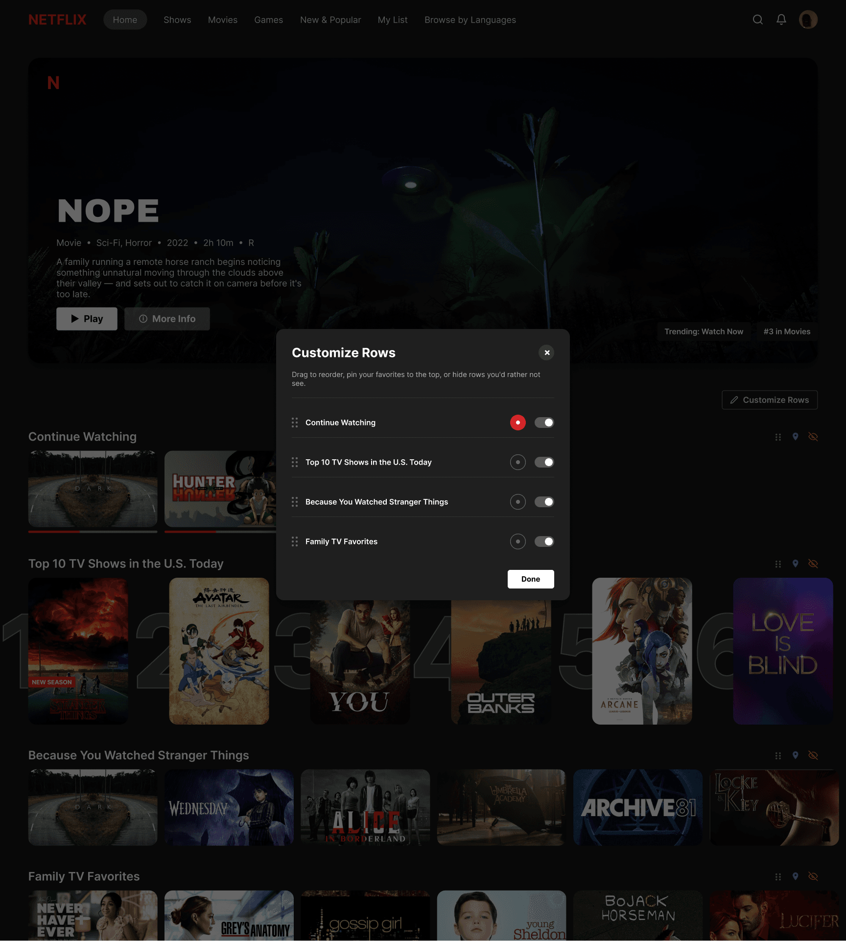 Customize Rows panel after tapping Restore: Family TV Favorites is back in the list with its toggle on, alongside the other three visible rows