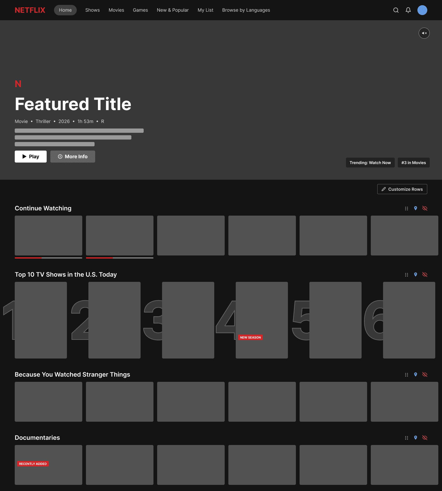 Homepage general layout wireframe, showing a placeholder hero and a generic row stack with a status dot marking where row controls will live