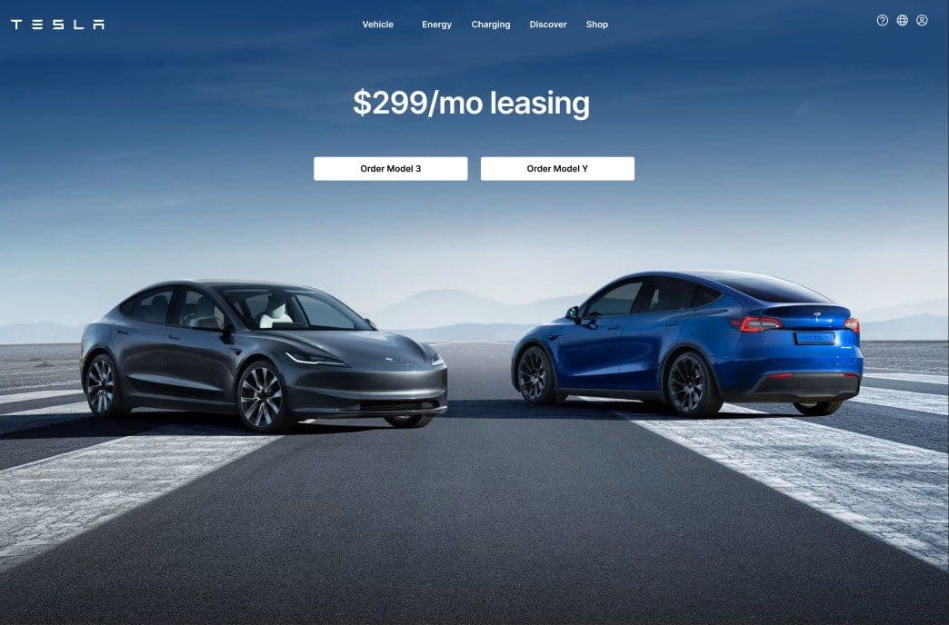 Tesla homepage redesign hero section, with the Model 3 and Model Y and a $299/mo leasing offer