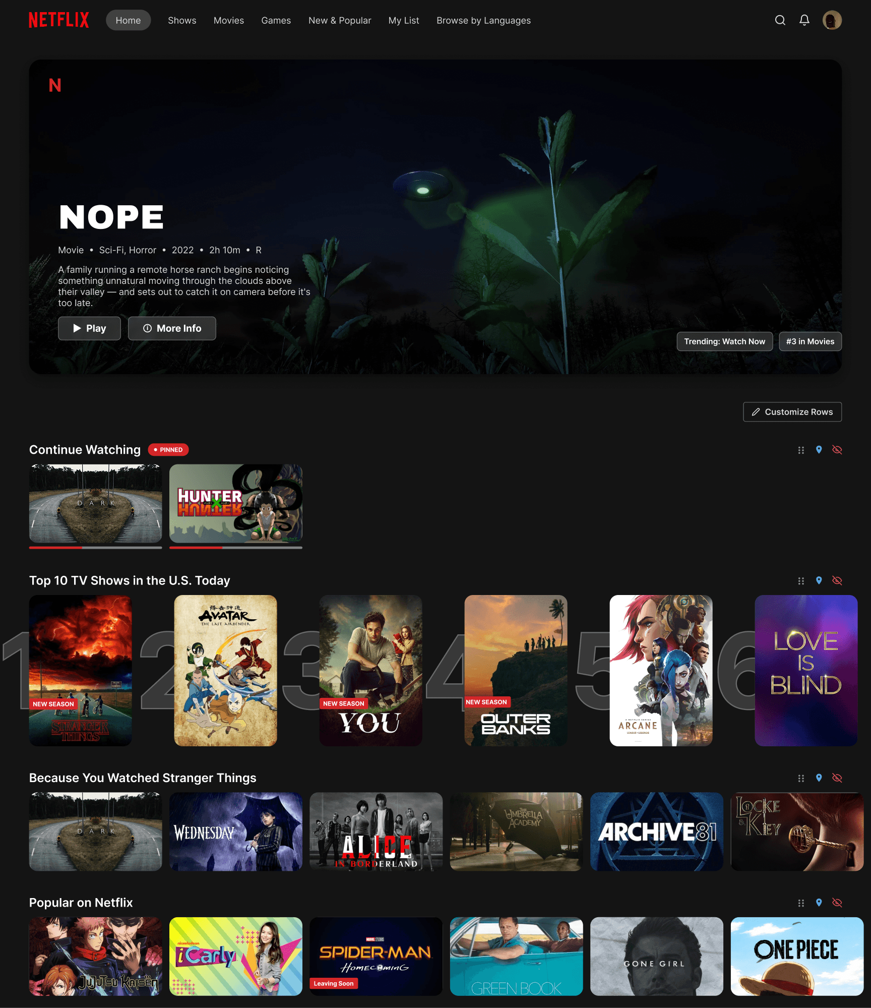 Homepage after using Customize Rows: Continue Watching shows a Pinned badge, a hidden row is fully absent, and a new Popular on Netflix row backfills the space