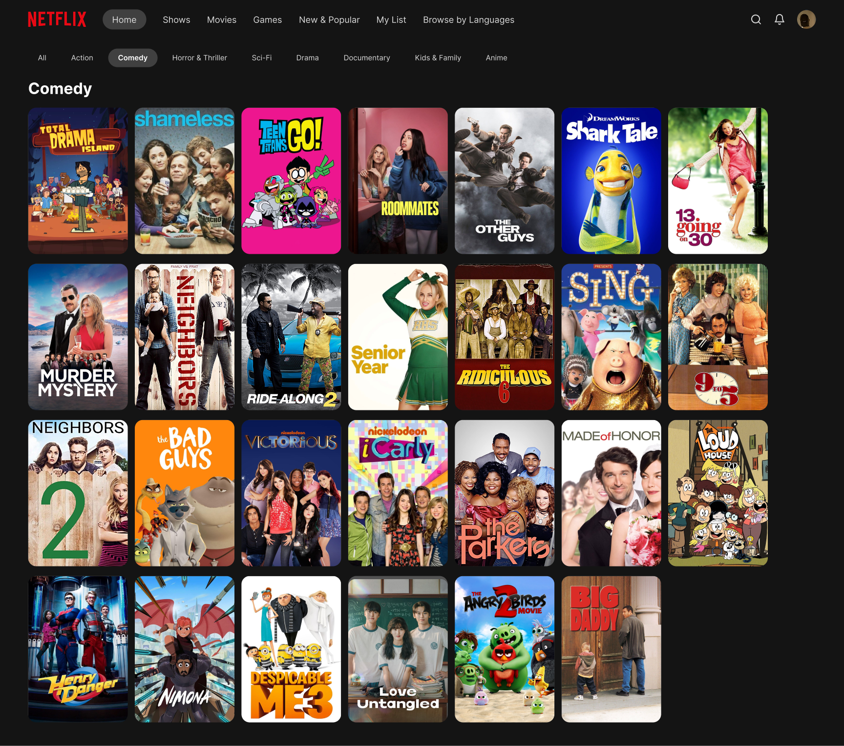 Browse by Genre screen with a horizontal row of genre pills and a wrapping title grid