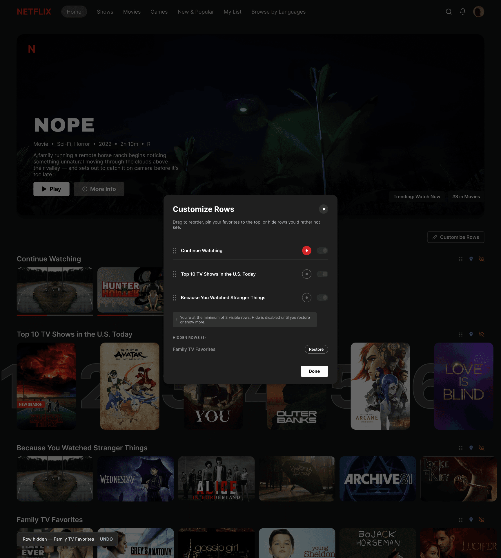 Customize Rows panel open over the homepage, showing Continue Watching pinned, two reorderable rows, a guardrail note about keeping at least three rows visible, and a Hidden Rows section listing Family TV Favorites
