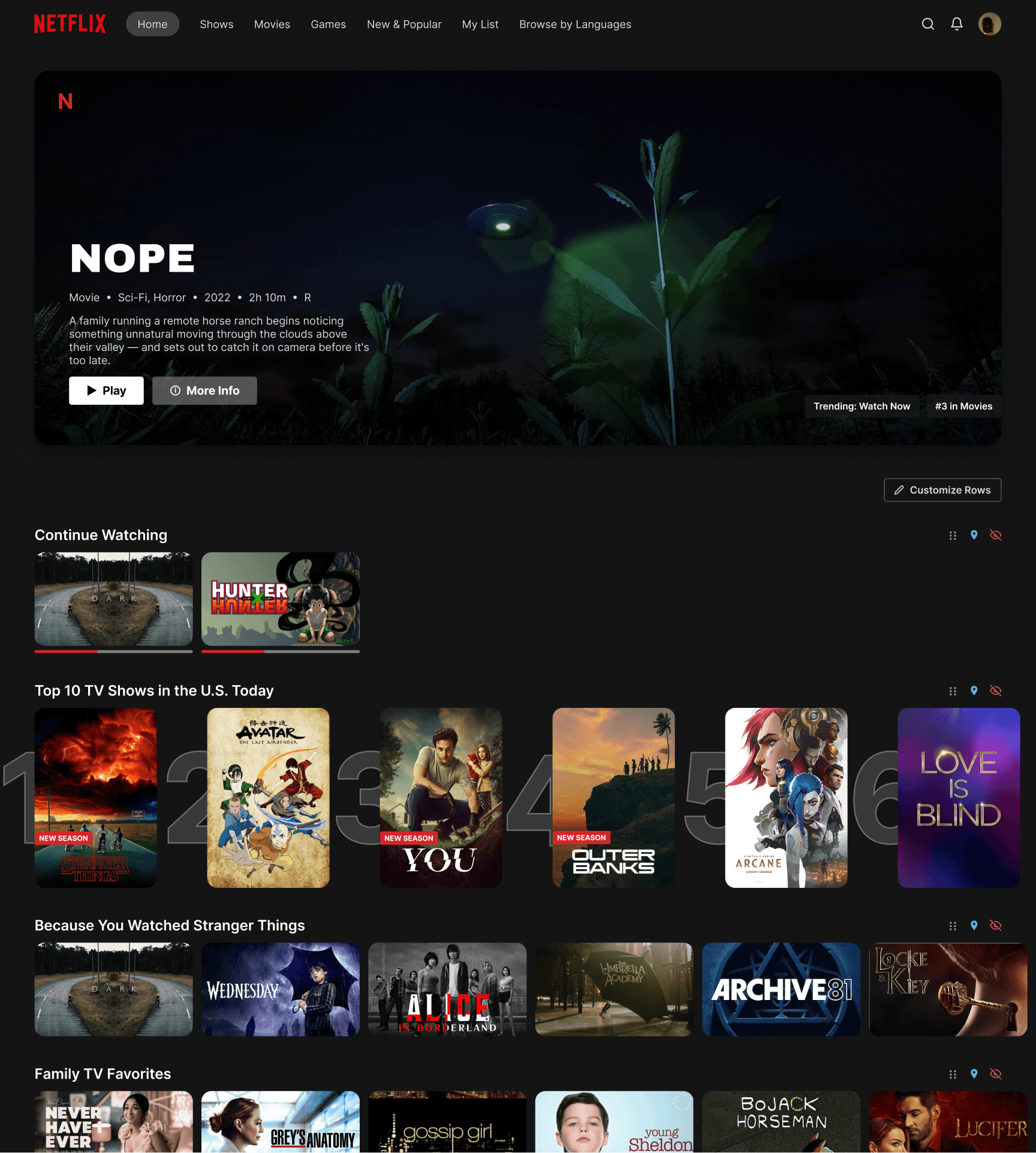 Netflix homepage redesign with an inset hero card and a customizable row stack