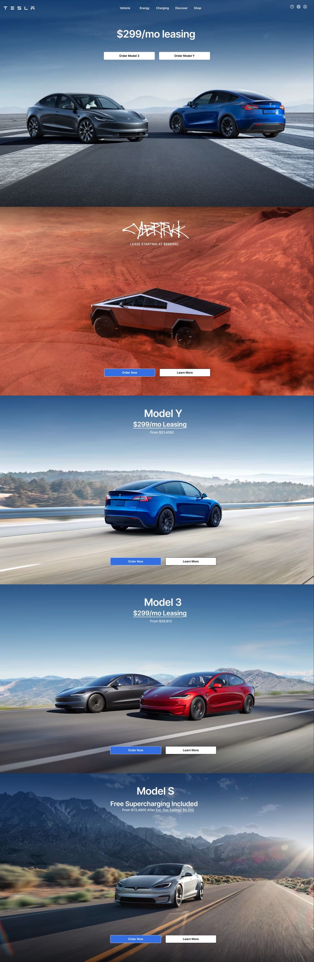 Full Tesla homepage redesign, scrolling from the hero through Cybertruck, Model Y, Model 3, and Model S sections