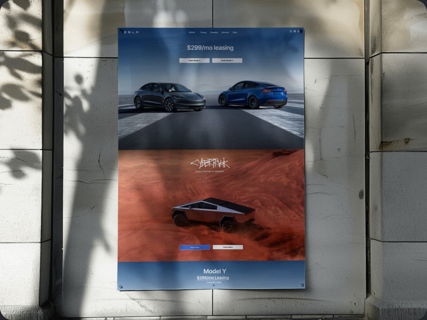 Tesla homepage redesign presented as a street poster mockup